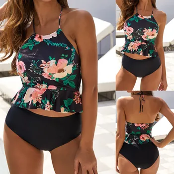 

Hot Selling Bathing Suit Summer Women's Flower Print Split Underwear Set Halter Lengerie Ruffle Tankinis Female Intimate De Bain