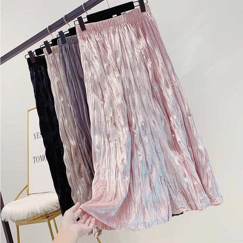 Новая летняя зимняя винтажная плиссированная юбка женская модная тонкая велюровая юбка с высокой талией Элегантная универсальная бархатная юбка Mw866