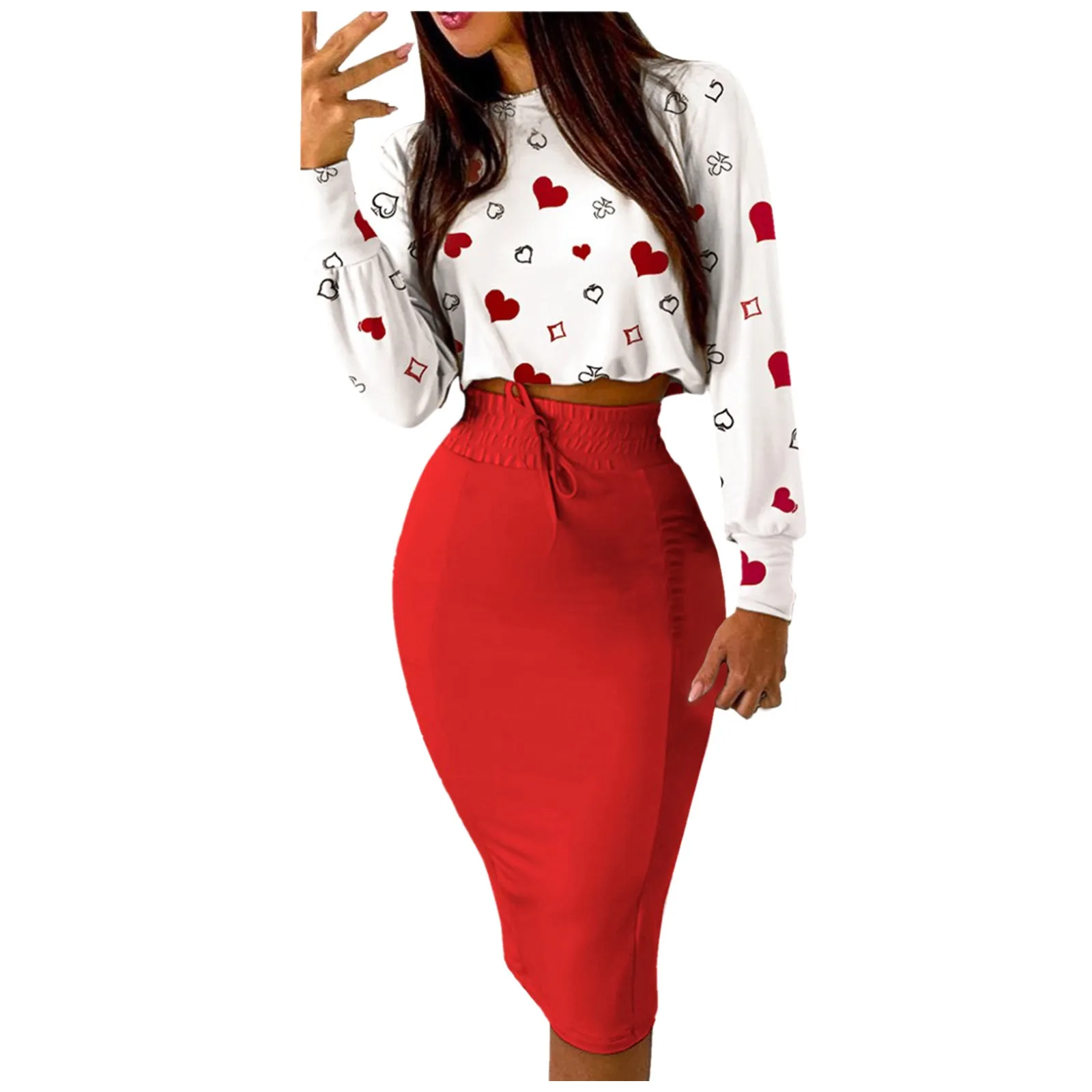 Women Skirt Two Piece Set Fashion Heart Print Long-sleeved Crop Top + Slim Bodycon Set Autumn Casual Female Office Suit#fs 2