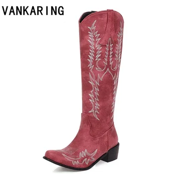 

zapatos mujer autumn winter retro embroidery microfiber knee high boots woman platform thick heel riding boots cowgirls boots