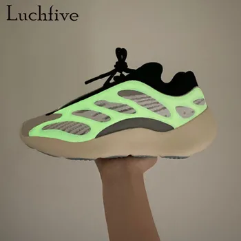 

35-45 Unisex luminous sneakers slim fit round toe mesh shoes lace up comfort walking shoes flat platforms women leisure sneakers