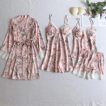 

5PCS Robe Set Women Satin Sleepwear Sexy Intimate Lingerie Nightdress Silky Lace Patchwork Nighty&Kimono Bathrobe Gown Pajamas