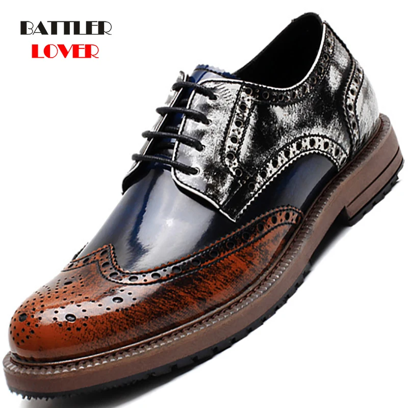 Luxury Mens Brogue Business Office Oxfords Flats Men Mixed Colors Fashion Dress Patent Leather Shoes Lace-Up Wedding Party Shoes