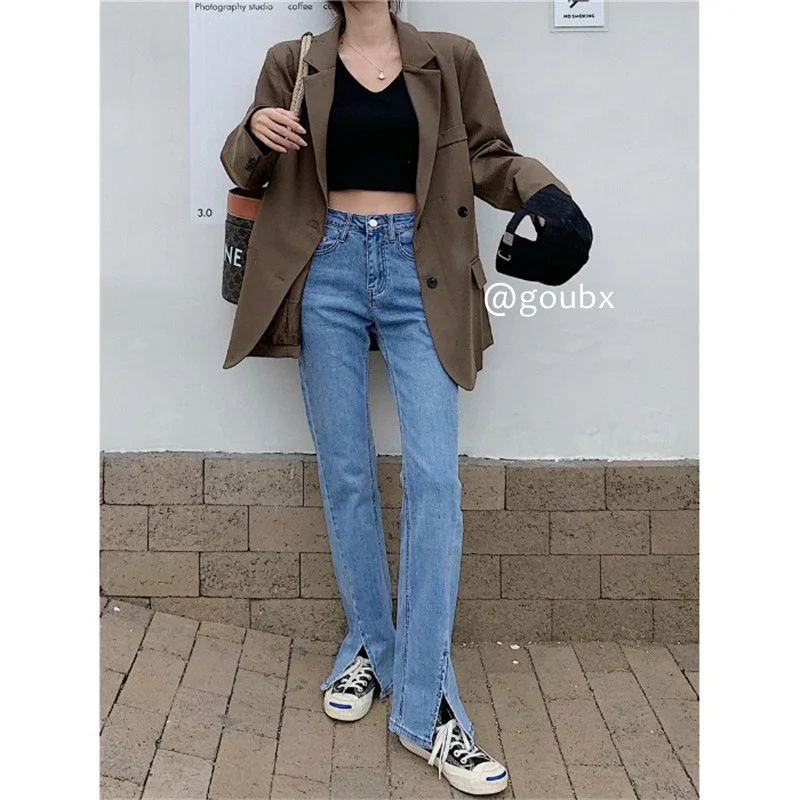 2021new Blue Color High Waist Jeans Women's Chic Design Sense Straight Pants | Женская одежда