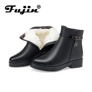 

Fujin Wool Women Snow Boots Warm Fur Warm Plush Solid Fashion Ankle Boots High Heel Leisure Genuine Leather Women Winter Boots