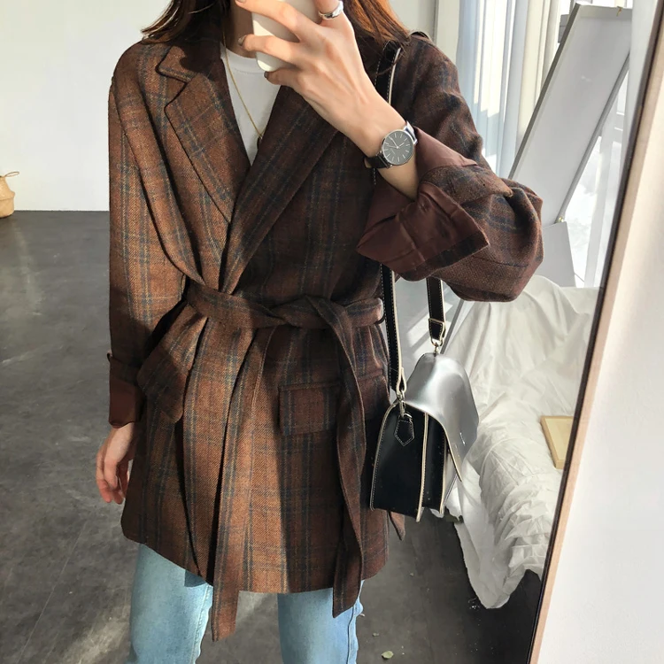 Женский клетчатый пиджак Короткое шерстяное пальто в винтажном стиле блейзер с