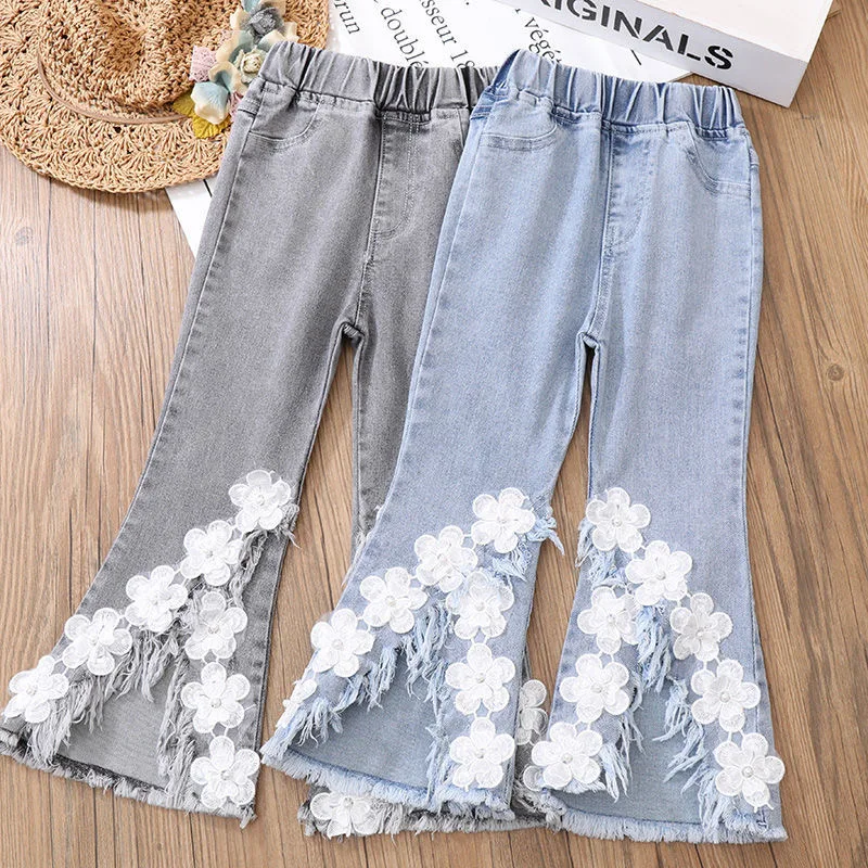 

Girls Pants Fashion Applique Trend Jeans Kids Trousers Spring Autumn Baby Girls Elastic Waist Sweatpants Teenager Bottoms