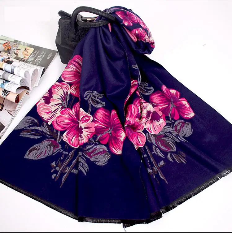 navyblue rose red Реверсивный женский утепленный кашемировый шарф Пашмина осень зима негабаритный мягкий шарф шаль универсальная дорожное одеяло - Цвет: navyblue rose red