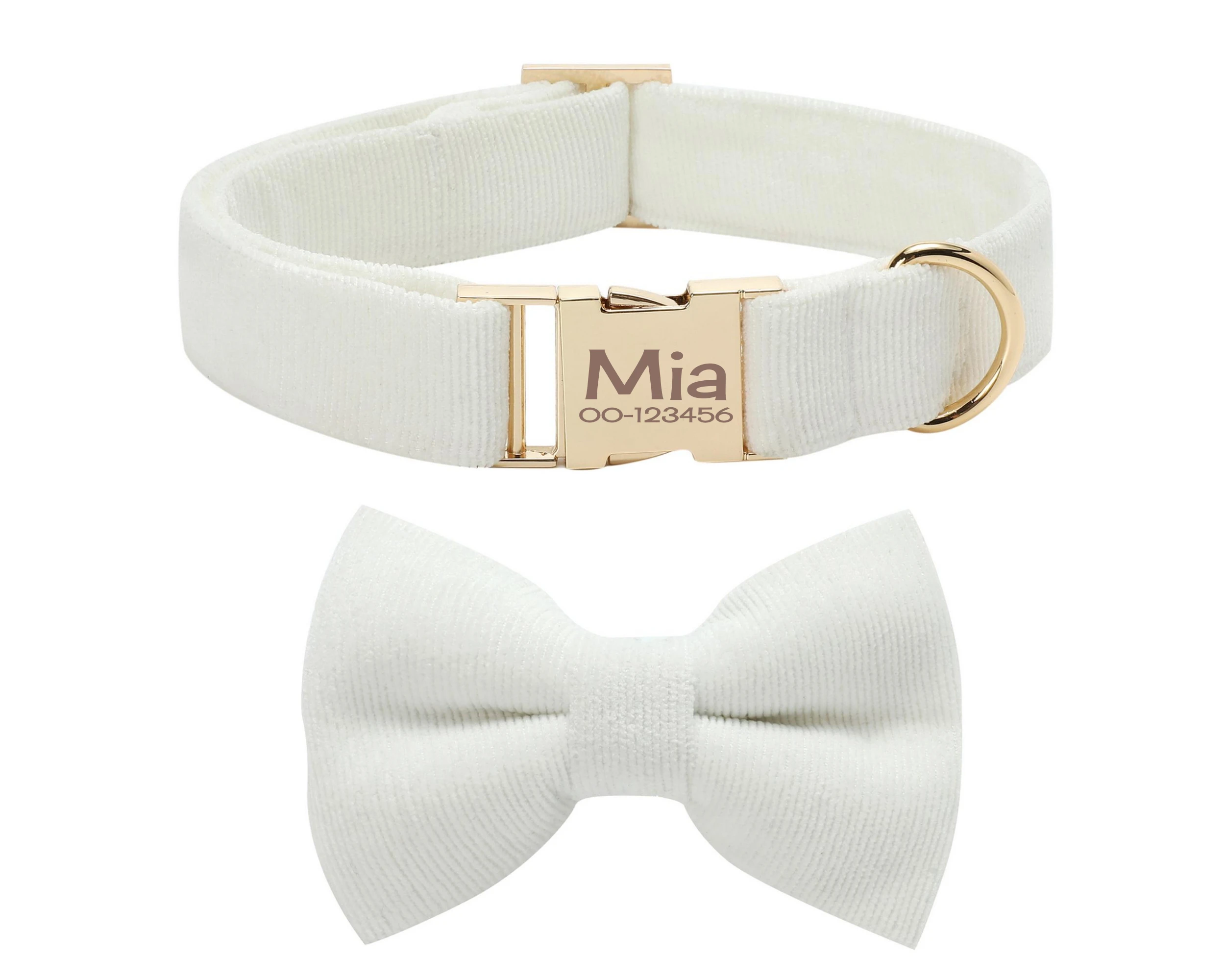 Белый персонализированный собачий ошейник с бантом и поводком бархатный на