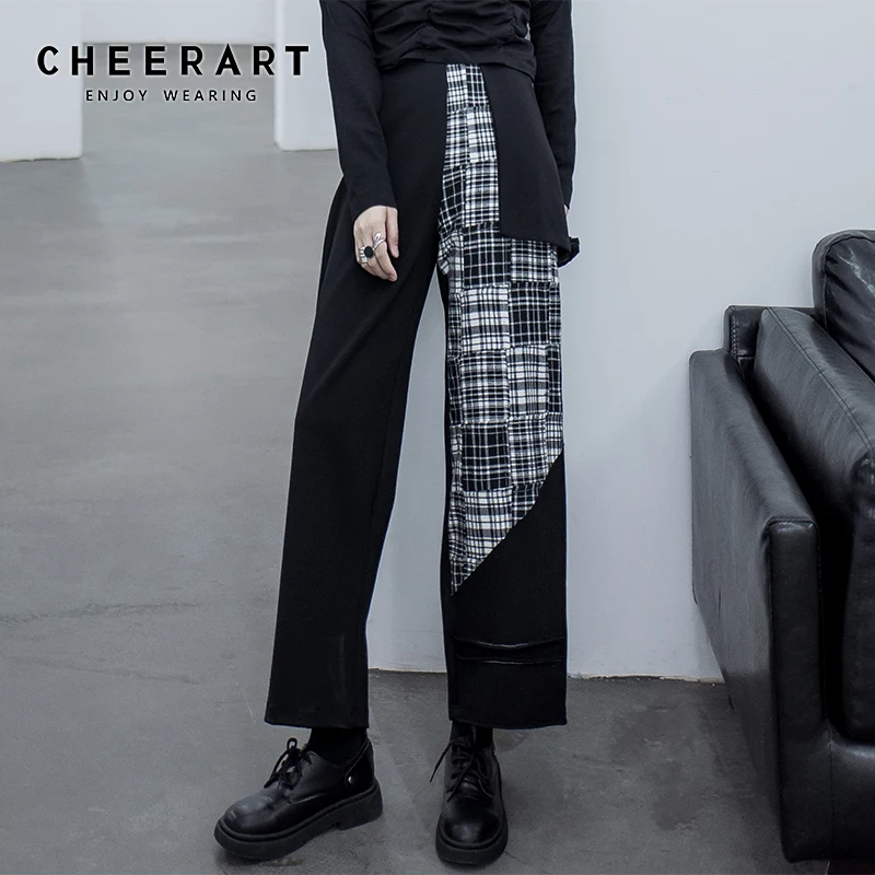 Уличные брюки CHEERART женские клетчатые Лоскутные прямые длинные черные