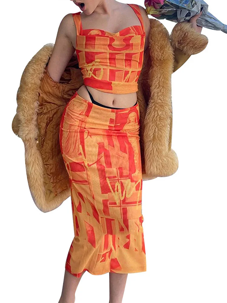 Two Piece Set Dress Women Printed Suit 2021 New Summer Neon Vest Crop Top And Long Skirt 2 PCS Suit Sexy Club Party Midi Dress 1