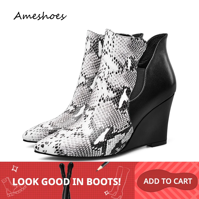 

Women Winter Boots 8.5CM Wedges Heel Genuine Leather Ankle Boots Lady Black Snake Print Casual Shoes Size 35-40 F991