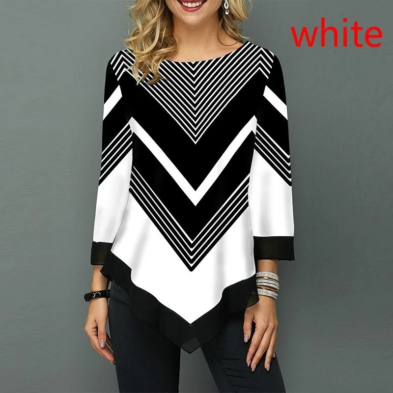Весенняя женская футболка, повседневная, с круглым вырезом, с кружевом, пэчворк, в полоску, с геометрическим рисунком, необычные футболки, винтажные, с цветочным принтом, топы размера плюс 5XL - Цвет: White Striped