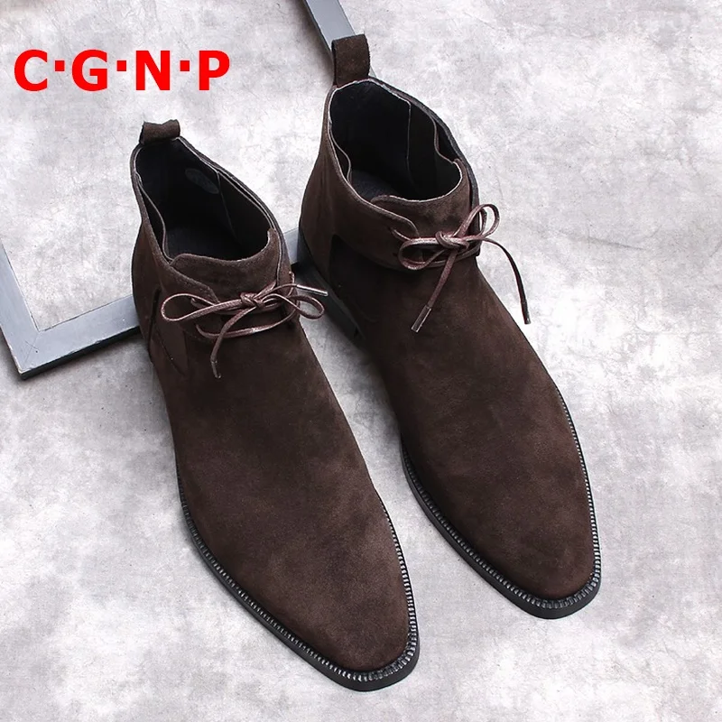 

CÂ·GÂ·NÂ·P Italy Style High Quality Cow Suede Boots Men Luxury Handmade Lace-up Leather Winter Casual Shoes Short Mens Boots