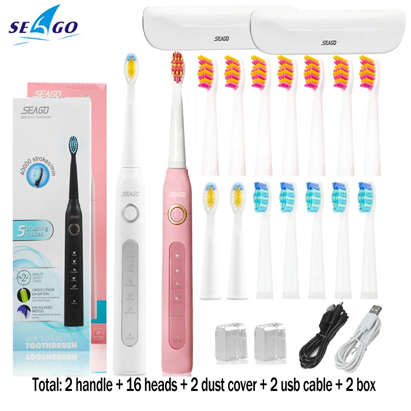 Seago Sonic электрическая зубная щетка SG-507 для взрослых с таймером щетка 5 режимов USB зарядное устройство перезаряжаемые сменные головки зубных щеток Набор - Цвет: white pink box head