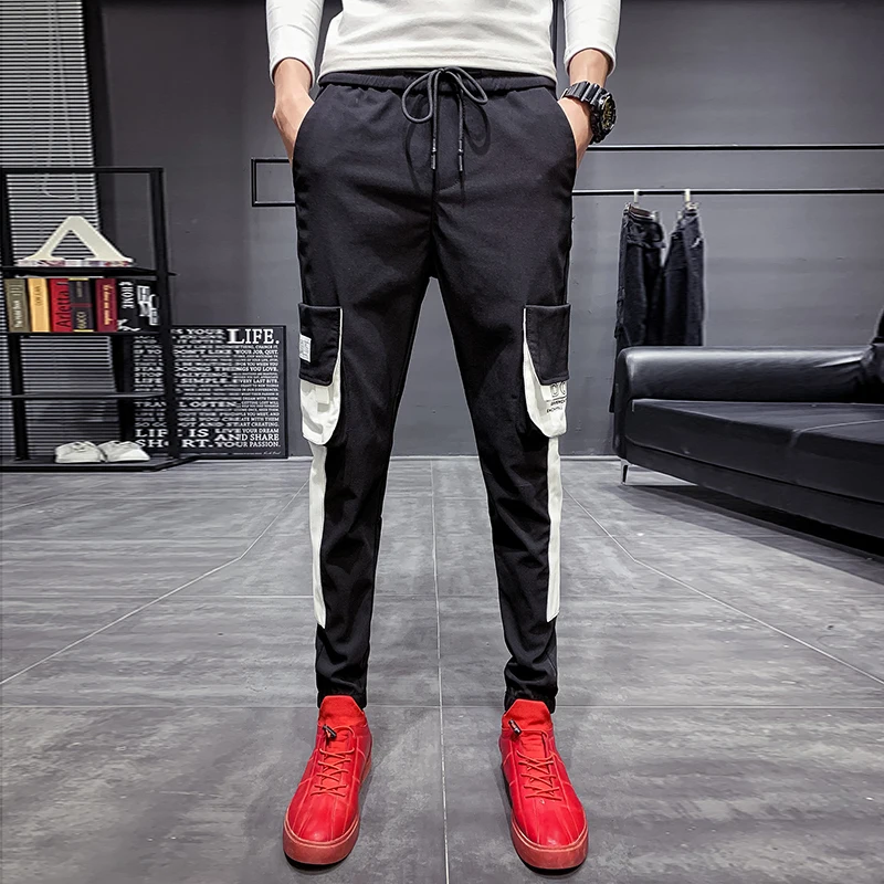 

Autumn Winter Pants Men Fashion Patchwork Color Slim Fit Side Pocket Men Cargo Pants Streetwear Hip Hop Joggers Men Trousers