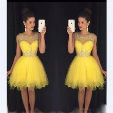 Драгоценный вырез платья для выпускного вечера любимый из бус короткий Тюль желтый 8 класс платья для выпускного вечера Vestidos с кристаллами