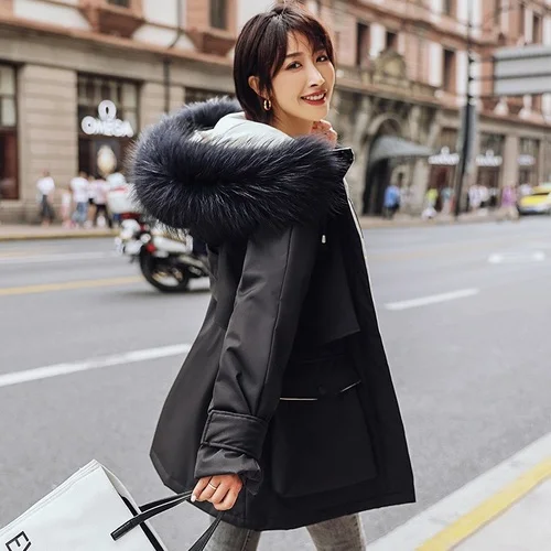 KMETRAM, зимняя куртка, женский пуховик с воротником из натурального меха енота, женское корейское длинное пальто, женская теплая парка, Manteau Femme MY4786 - Цвет: black