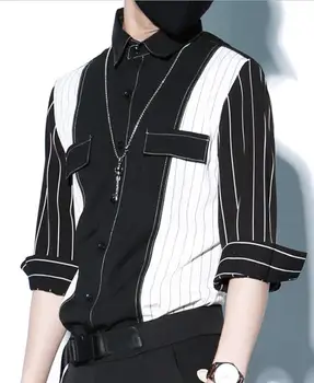 

Hair stylist tide shirt men's striped seven-point sleeve handsome trend Korean version of the fairy shirt fashion autumn shirt !