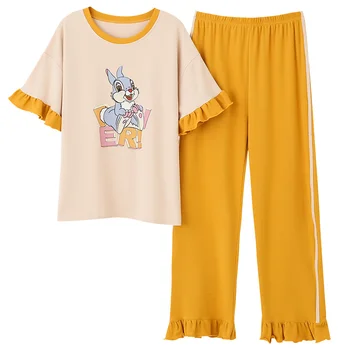

Casual Style Loungewear Women Woman Clothes Crew Neck Plus Size Cartoon Printing Sleepwear Short Sleeve Long Pants Fashion Style