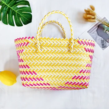 

Knitting Plastic Basket Bag Patchwork Mix Color Vegetable Baskets Kitchen Storage Bag Women Shopping Tote Bag Organizer Handbag