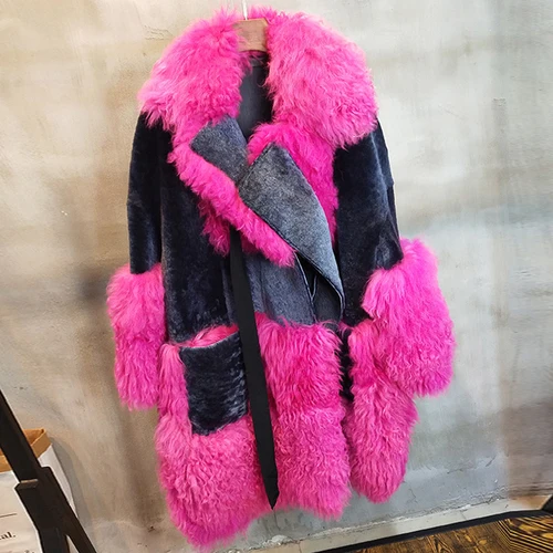 Navy-pink Зимнее пальто из натурального меха, Женская Корейская овечья овчина, куртка из натурального меха, меховая шерстяная Женская куртка из натуральной кожи 86007 KJ3493 - Цвет: Navy-pink