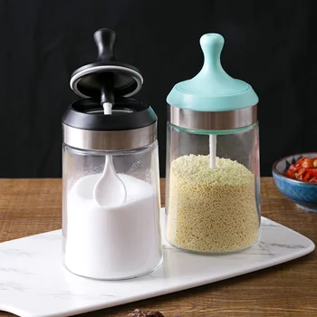 

Glass jar with spoon seasoning spices caster kitchen condiment box transparent tank household salt shaker cruet bottle