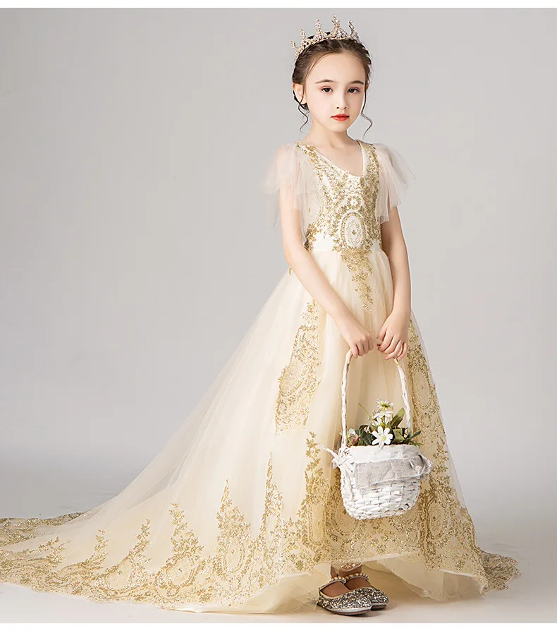 Золотое Тюлевое платье для первого причастия со шлейфом и v-образным вырезом; Золотое кружево с блестками; Тюлевое вечернее платье; платья для девочек с цветочным узором для свадьбы