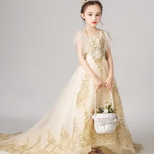 Золотое Тюлевое платье для первого причастия со шлейфом и v-образным вырезом; Золотое кружево с блестками; Тюлевое вечернее платье; платья для девочек с цветочным узором для свадьбы