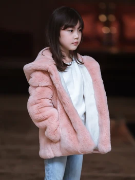 

2020 Winter Kids Real Rabbit Fur Coat For Girl And Boys Children Real Fur Outwear Girls Natural Fur Jacket Hooded Warm Coat W906