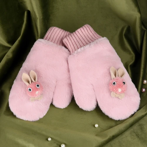 Pink Новинка, милые зимние перчатки с кроликом из мультфильма, женские рукавицы с кроликом, вельветовые внутри, двухслойные, утолщенные, на шее - Цвет: Pink
