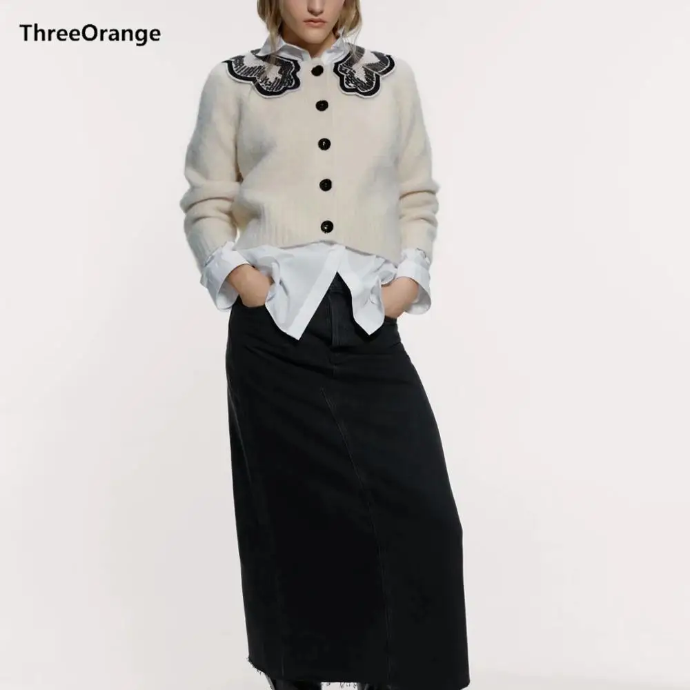 Женский белый кардиган ZA повседневный трикотажный свитер с блестками и