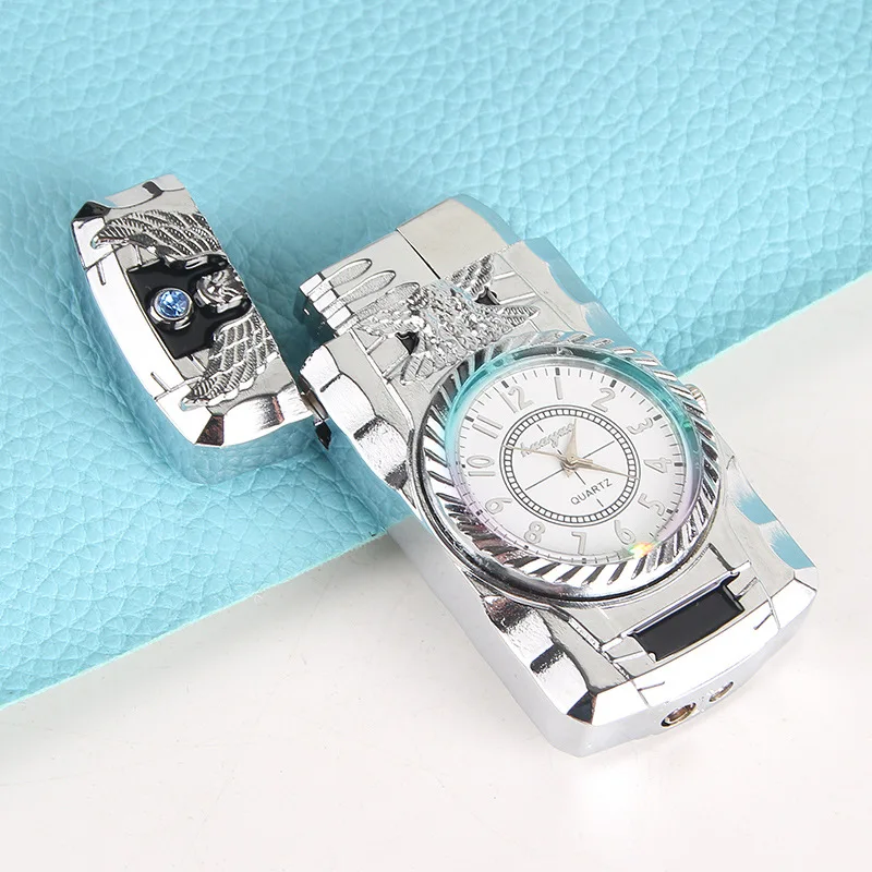 Креативные металлические надувные часы Зажигалка без газа прямые часы прикуриватель многоразового бутан принадлежности для курения - Цвет: Silver