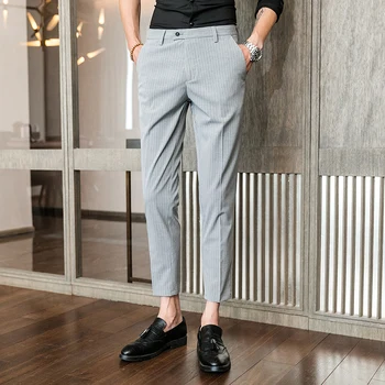 

2019 summer Men clothing stripe suit trousers male high grade pure fit business suit pants male high end leisure leg pants 28-36