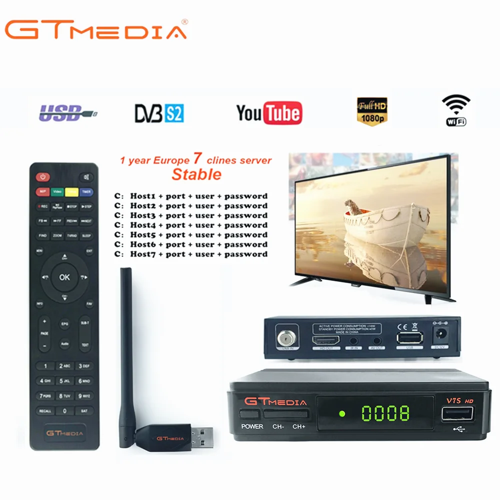 

Hot sale GTMEDIA V7S HD DVB-S2 Receptor Europe Cline for 1 Year Spain Germany Include wifi Freesat V7