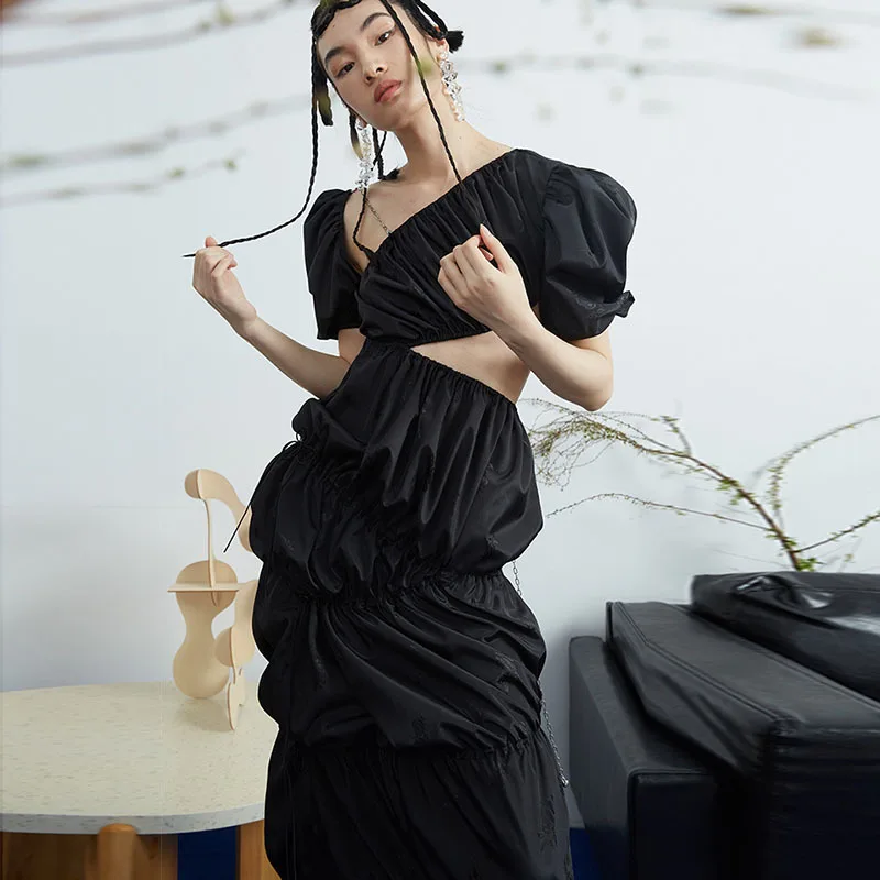 

High Waist Black Dresses Female Irregular Collar Puff Sleeve Female Fashion Asymmetrical Hollow Out Summer Dress