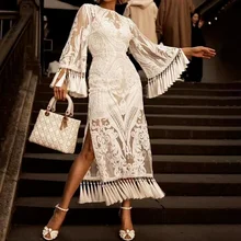 

Elegant Bohemian Lace Pure White Perspective Thin Women's Dress 2021 Women's Dress Round Neck Embroidery Tassel Bilateral Split