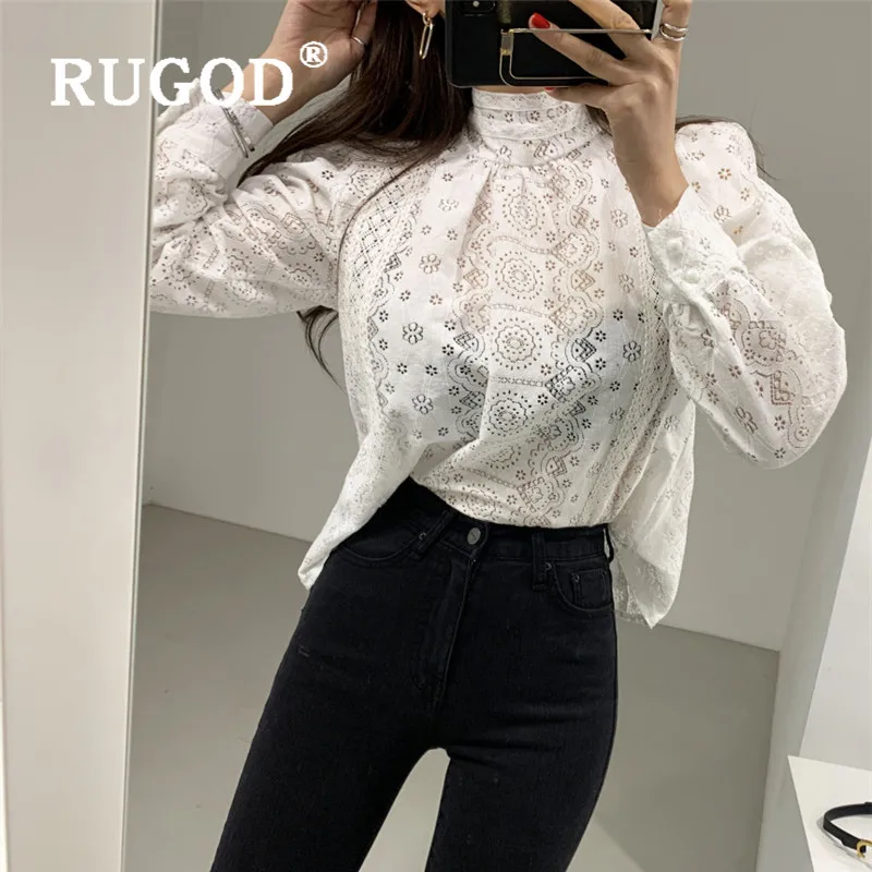 RUGOD Весенняя кружевная блузка, женские блузки с длинным рукавом, элегантный сексуальный топ, корейская модная одежда, рубашка со стоячим воротником