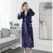Casual Full Bathrobe Gown Men Warm Soft Flannel Sleepwear Nightwear Elegant Solid Homewear Pajama With Hooded Kimono Robe Gown