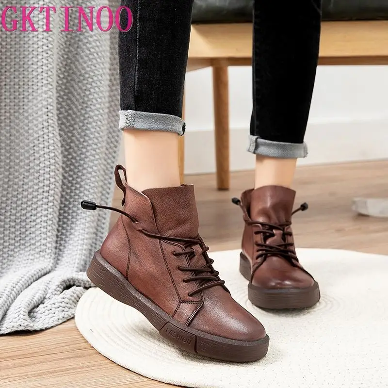 GKTINOO Winter Genuine Leather Ankle Boots Handmade Lady Soft Flat Shoes Comfortable Casual Moccasins Side Zip | Обувь