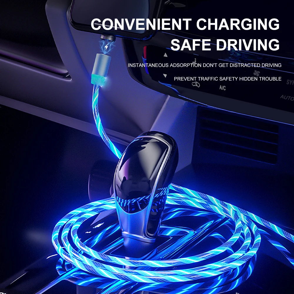 

2M Lighting Magnetic Charger for iPhone Cable Flowing Light LED Micro USB Cable Type-C Charging Wire Magnet Charger Type Tape C