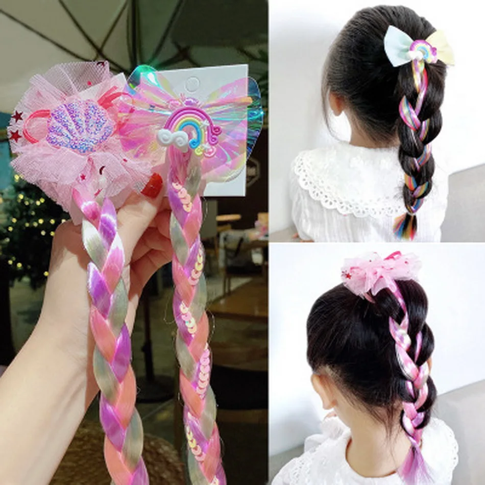 2020 Girl Cute Cartoon Wig Hair Bands Bow Hair Ribbon Rope For Weaving Ponytail Baby Rubber Scrunchies Kid Kawaii Accessories Girl S Hair Accessories Aliexpress