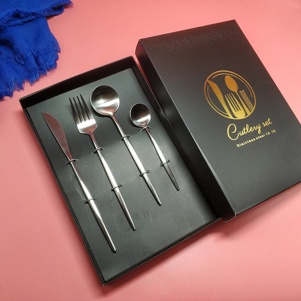 Hot Sale Small Size fourchettes couteaux cuilleres silverware stainless steel White Gold cutlery fork spoon knife dining set - Цвет: 4pcs with giftbox