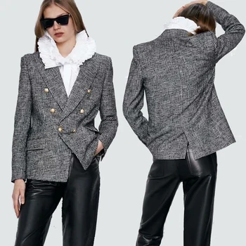 

Spring 2020 Houndstooth Women's ZA Blazer Tweed Suit Collar Long Sleeve Casual Pocket Decorated Fashion Blazer