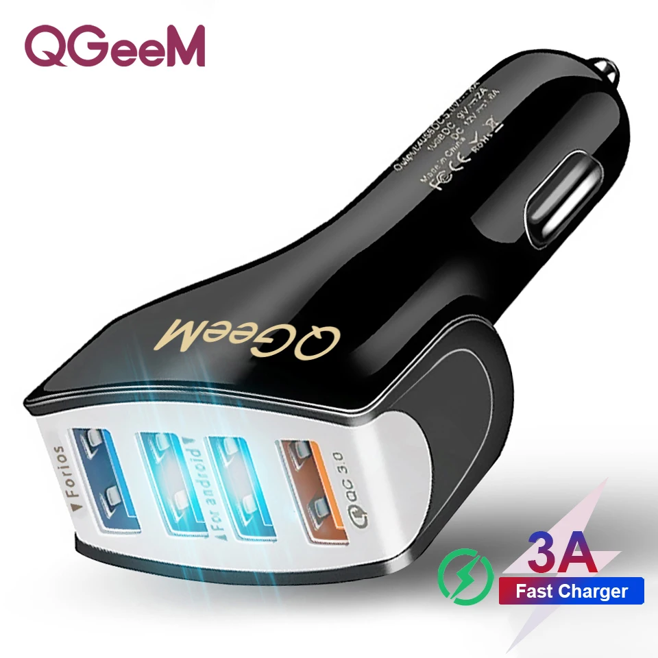 

QGEEM 4USB QC 3.0 Car Charger Quick Charge 3.0 Phone Charging Car Fast Charger 4Ports USB Car Portable Charger for iPhone Xiaom