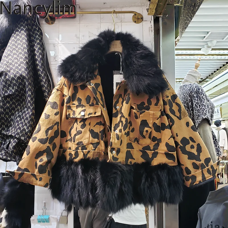 ##BUY Real Fox Fur Collar Winter Coat Women Short Leopard Cotton Padded Plush Thickened Warm Coat Female Streetwear Natural Fur