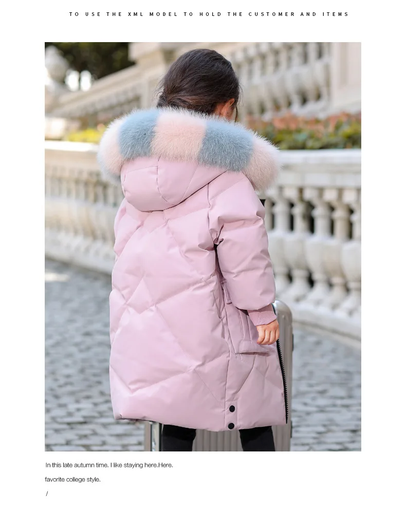 Новинка года; модная зимняя ветрозащитная куртка-пуховик для девочек однотонное теплое длинное пальто с воротником из натурального меха енота для девочек