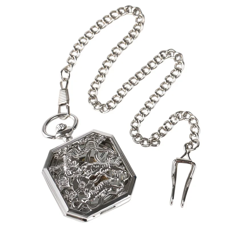 Exquisite Silver Double Tiger Pendant Pocket Watch Men Hollow Carving Hand Winding Mechanical Watch Fob Chain Collectable Clock