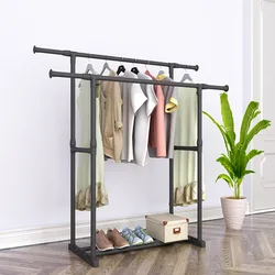 Colgador de piso de doble varilla telescópica, colgador de ropa móvil, estante de ropa de refuerzo Simple