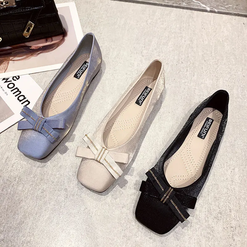 con lazo y cadena de Metal para mujer, zapatos de de seda, alpargatas sin cordones, mocasines planos con punta cuadrada, gran oferta, 2020 - AliExpress Calzado